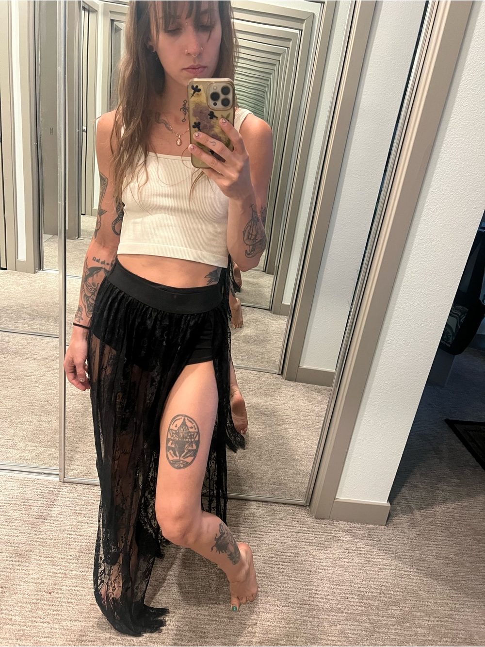 Black Sheer Lace Maxi Skirt with High Side Slit